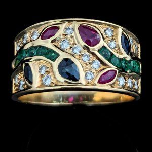 Vintage Diamond Emerald Ruby Sapphire 18k Yellow Gold Band Ring Floral Mozaic